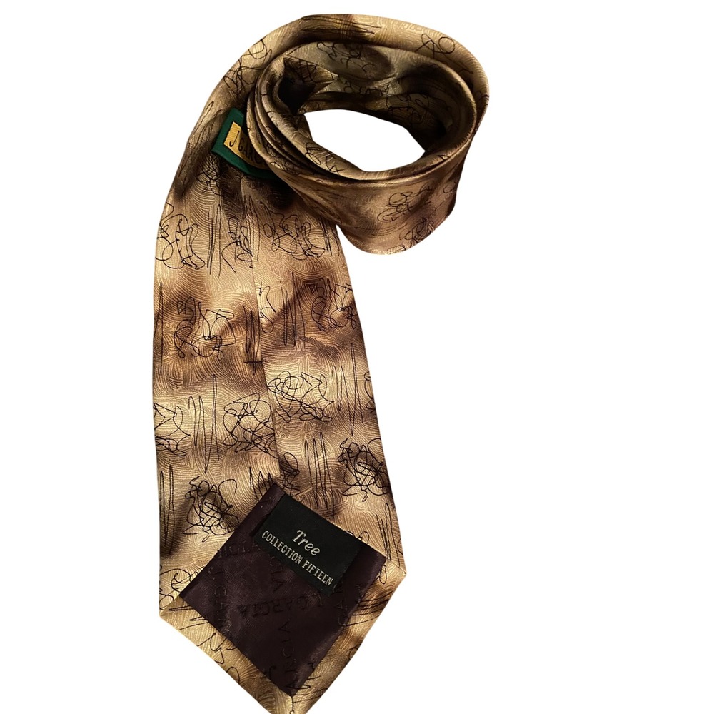 J. Garcia Mens Silk Tie Tree Collection Fifteen Abstract Brown Gold Vintage 1996
